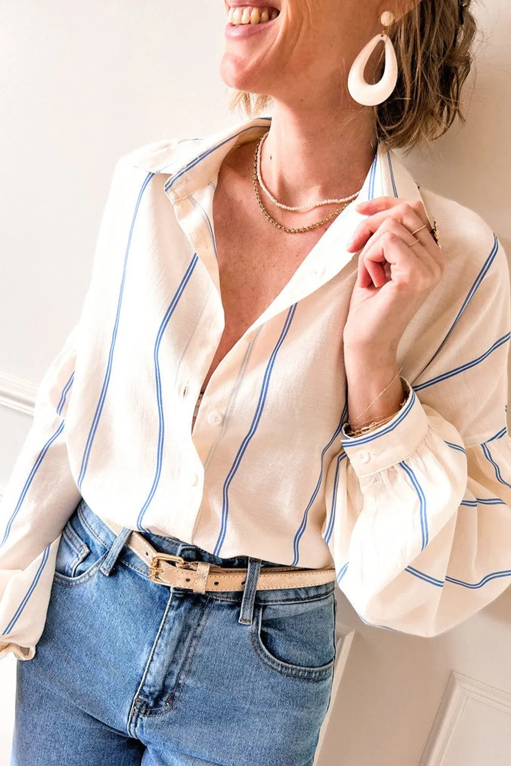 Sky Blue Stripe Drop Shoulder Bubble Sleeve Loose Shirt