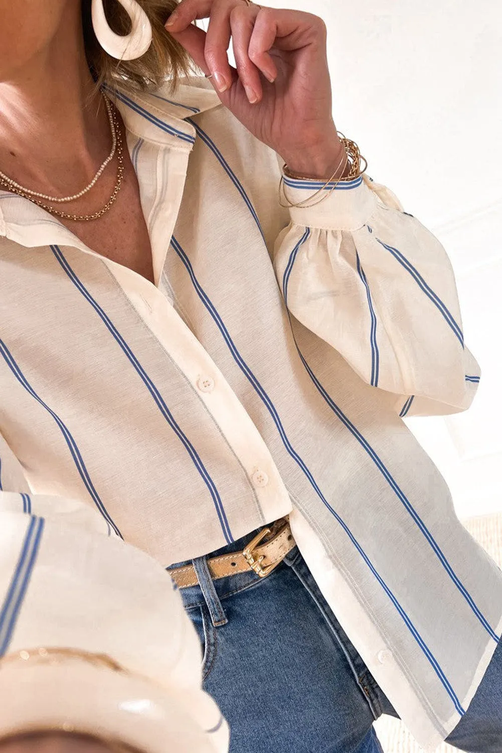 Sky Blue Stripe Drop Shoulder Bubble Sleeve Loose Shirt