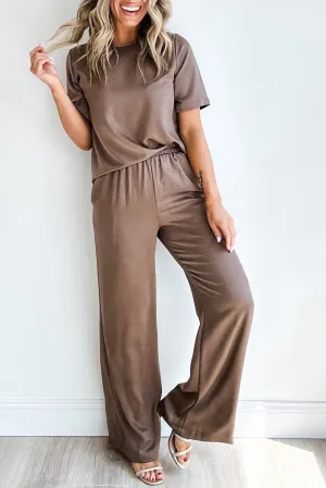 Smoke Gray Solid Color T Shirt 2pcs Wide Leg Pants Set