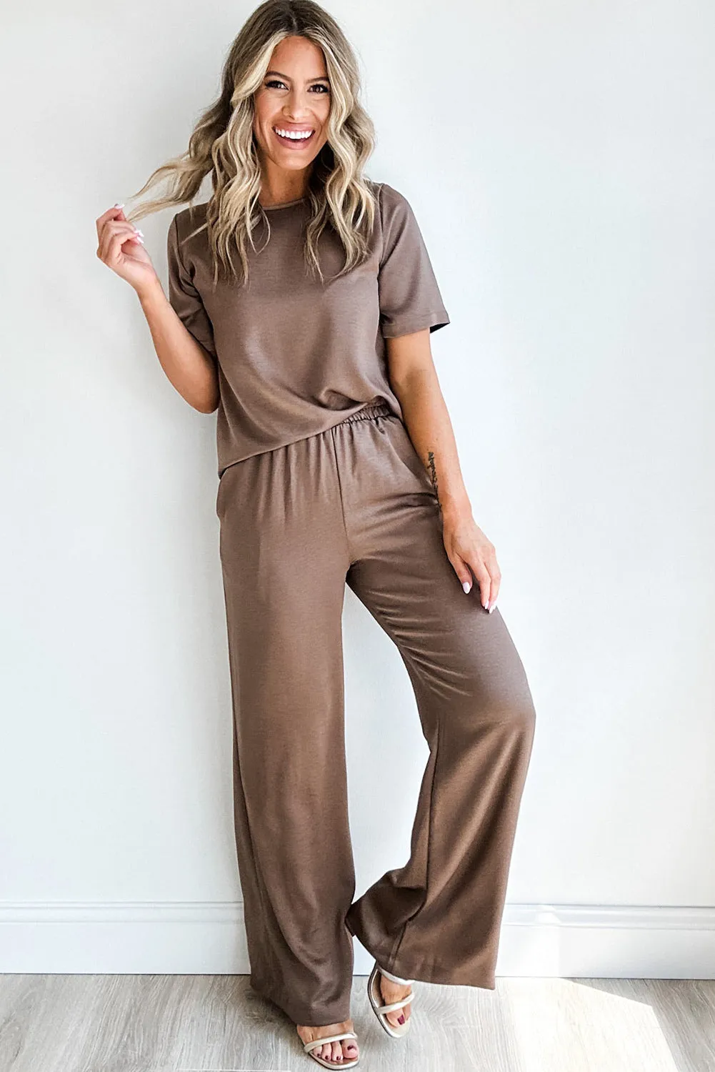 Smoke Gray Solid Color T Shirt 2pcs Wide Leg Pants Set