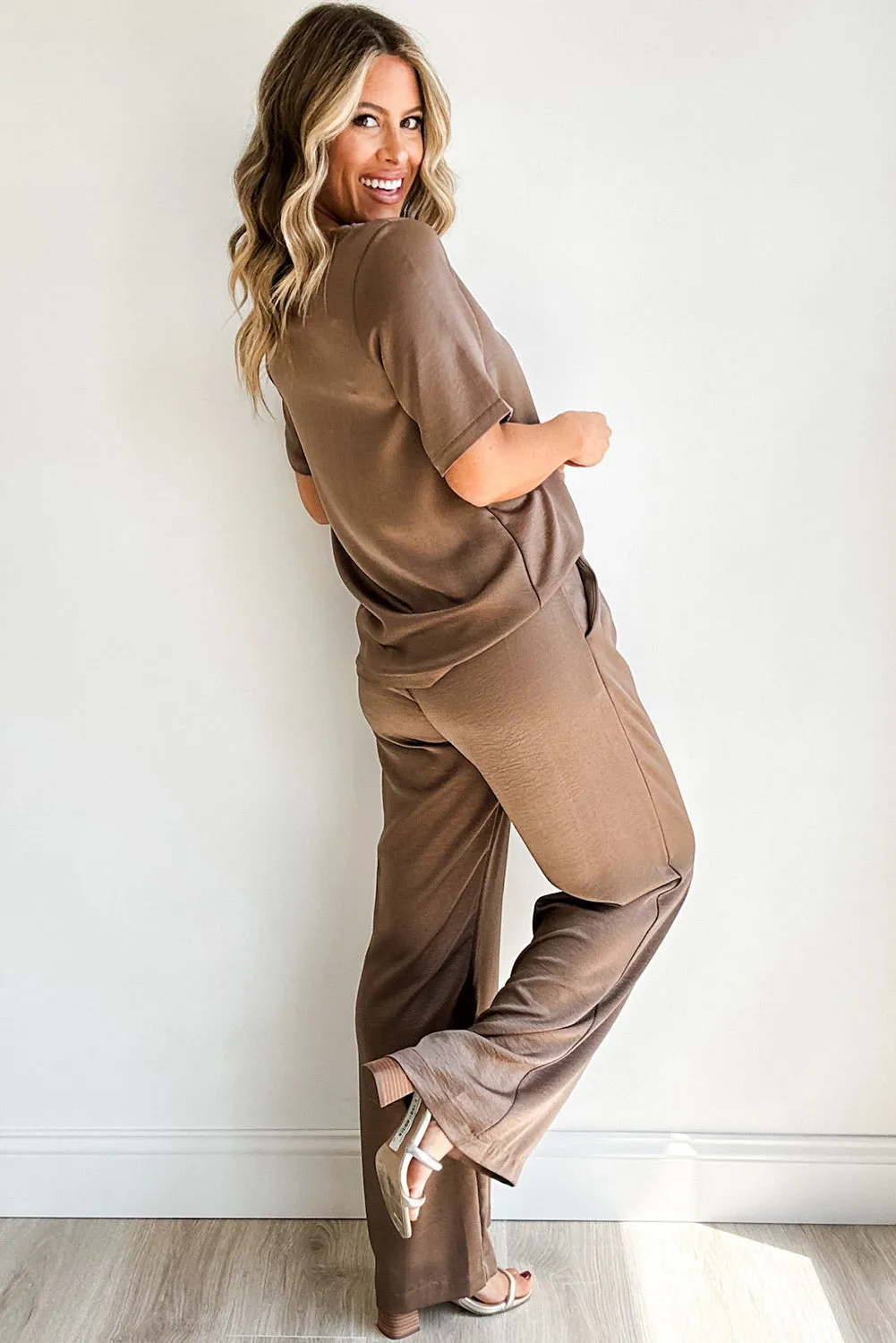 Smoke Gray Solid Color T Shirt 2pcs Wide Leg Pants Set