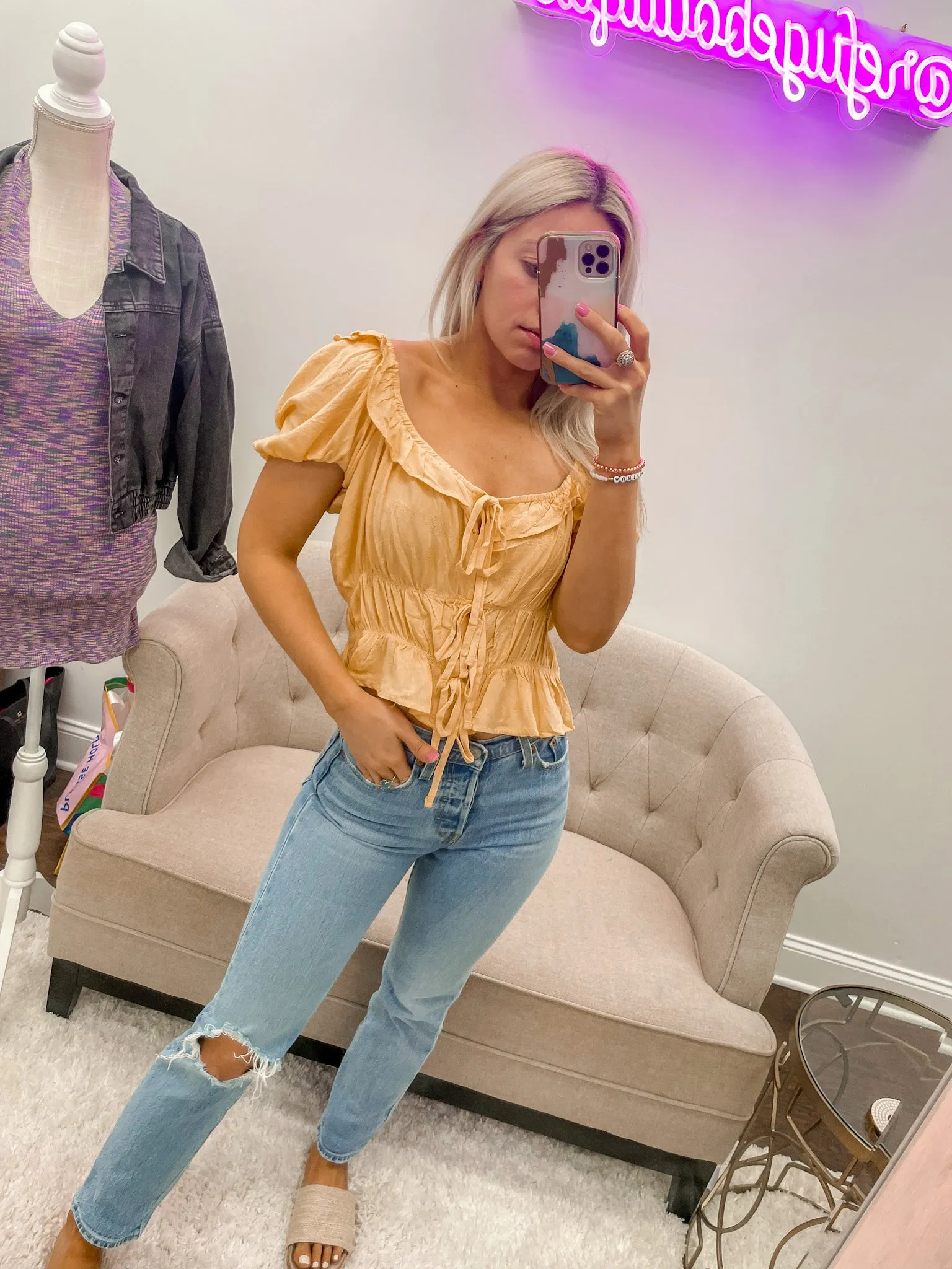 Solid Smocked Ruffle Top- Yellow
