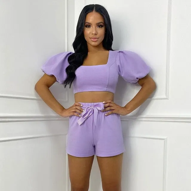 Square Collar Shorts Puff Sleeve Crop Top Two Piece Set Casual Outfit