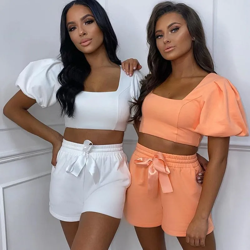 Square Collar Shorts Puff Sleeve Crop Top Two Piece Set Casual Outfit