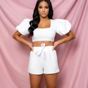 Square Collar Shorts Puff Sleeve Crop Top Two Piece Set Casual Outfit