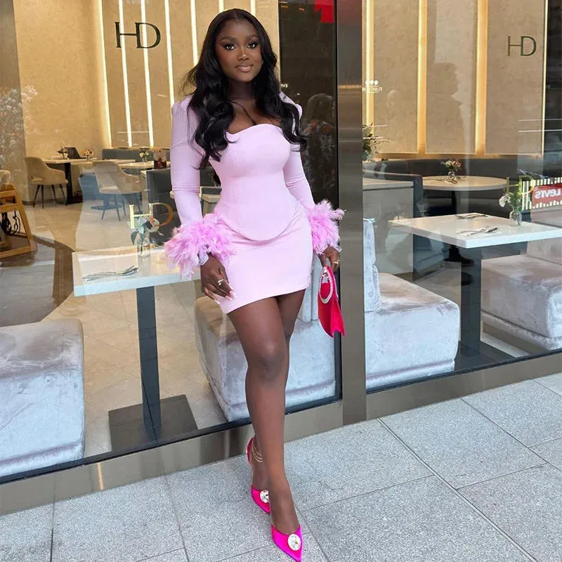 Strapless Full Sleeve Feather Mini Dress