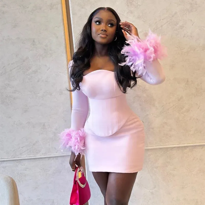 Strapless Full Sleeve Feather Mini Dress
