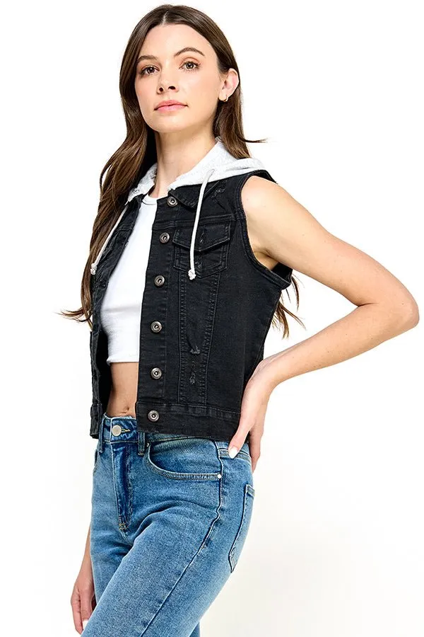 Stretch Distressed  Denim Vest with Fleece Hoodies