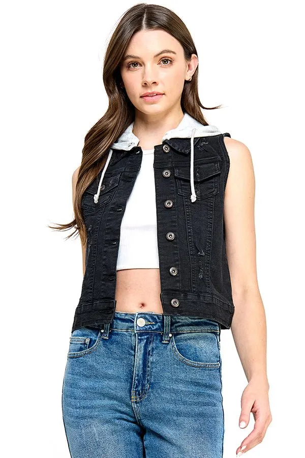 Stretch Distressed  Denim Vest with Fleece Hoodies