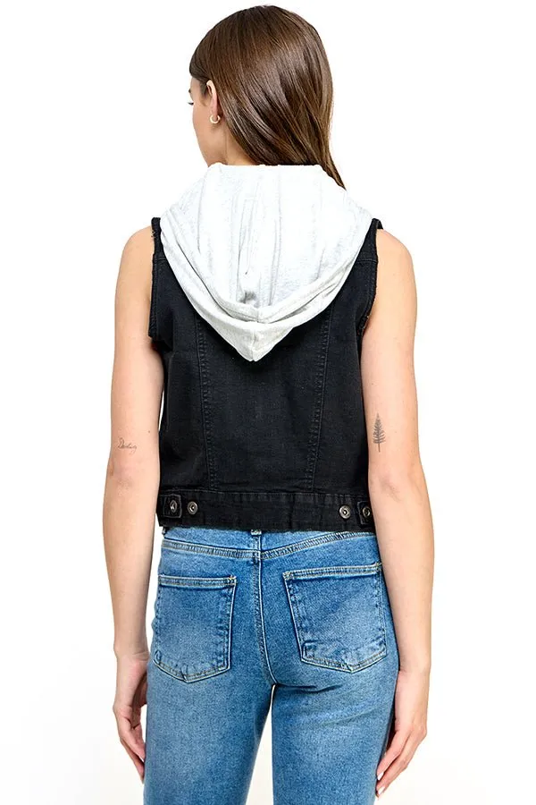 Stretch Distressed  Denim Vest with Fleece Hoodies