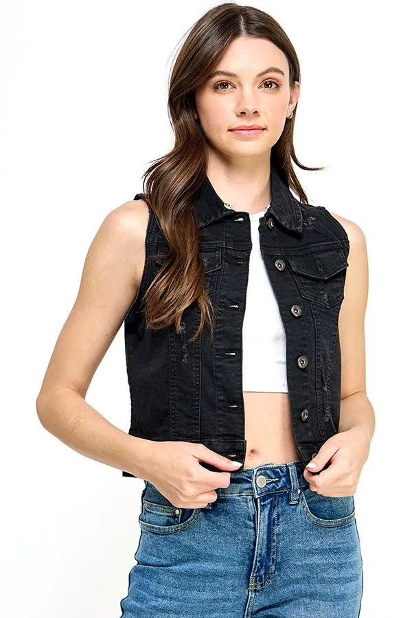 Stretch Distressed  Denim Vest with Fleece Hoodies