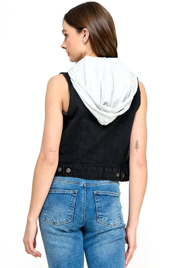 Stretch Distressed  Denim Vest with Fleece Hoodies