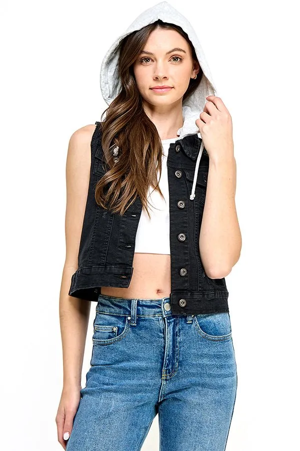 Stretch Distressed  Denim Vest with Fleece Hoodies