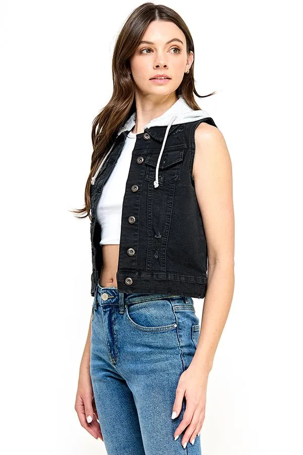 Stretch Distressed  Denim Vest with Fleece Hoodies