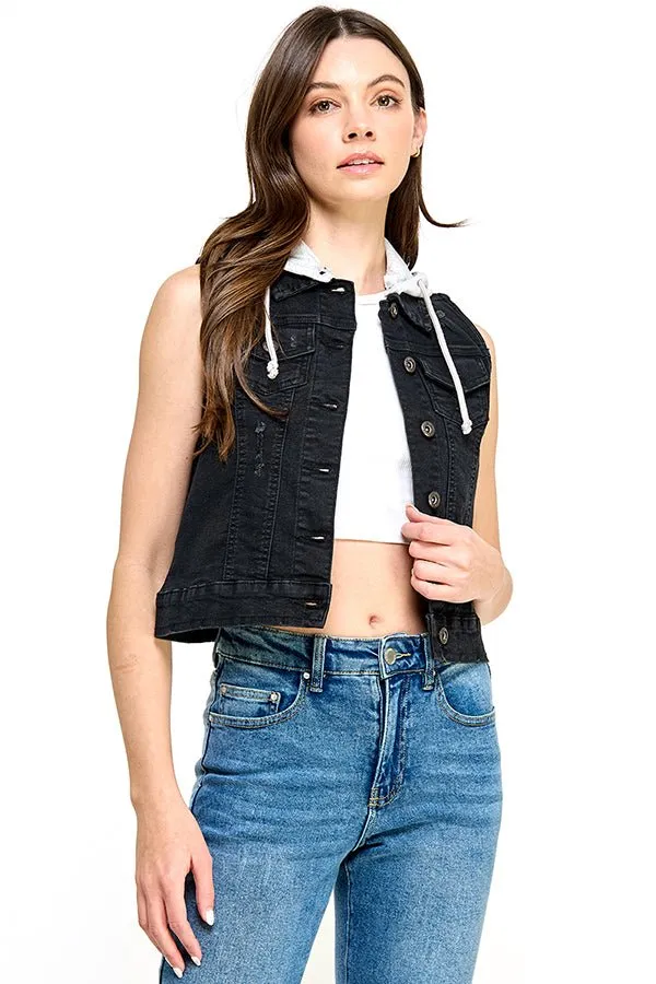 Stretch Distressed  Denim Vest with Fleece Hoodies