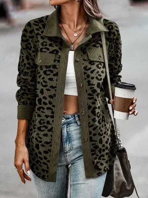 Stunncal Corduroy Leopard Pocket Button Long Sleeve Women's Jacket