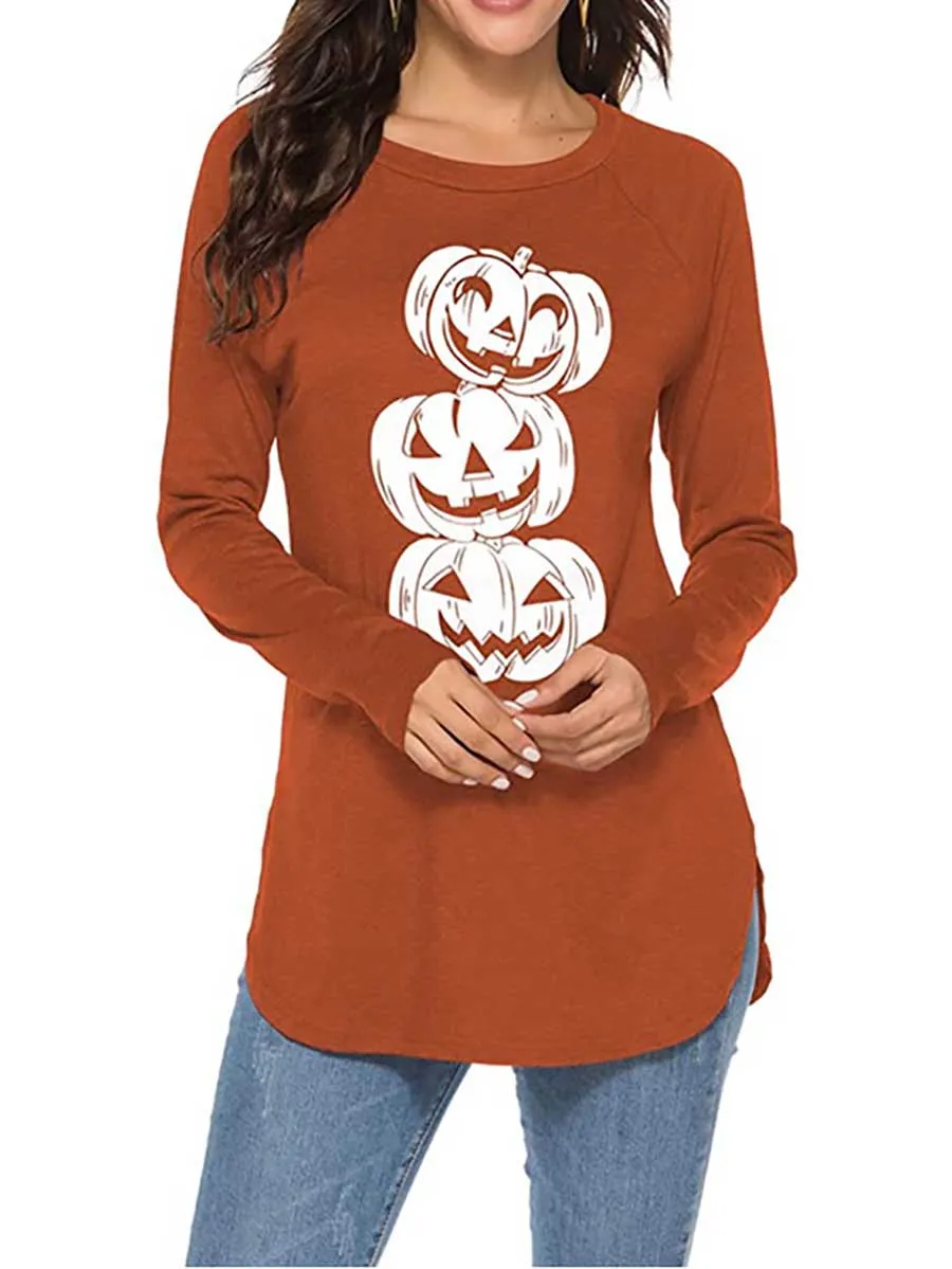 Stunncal Halloween Printed T-Shirt Loose Long Sleeve