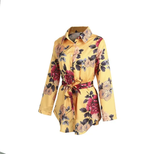 Summer Sexy Women Silk Satin Shirt Dress