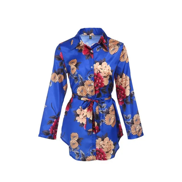 Summer Sexy Women Silk Satin Shirt Dress