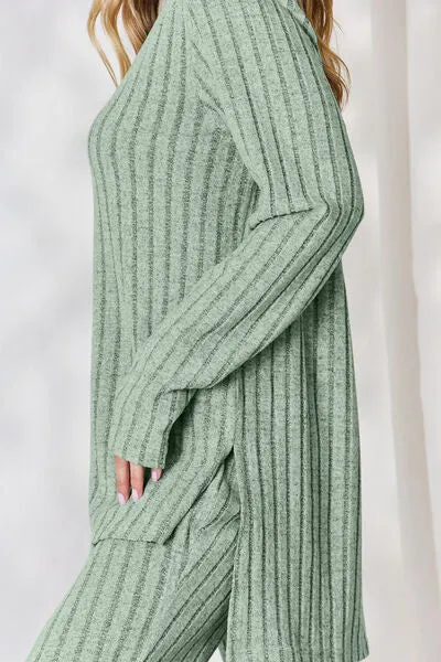 Tatum Basic Bae Full Size Ribbed High-Low Top and Wide Leg Pants Set