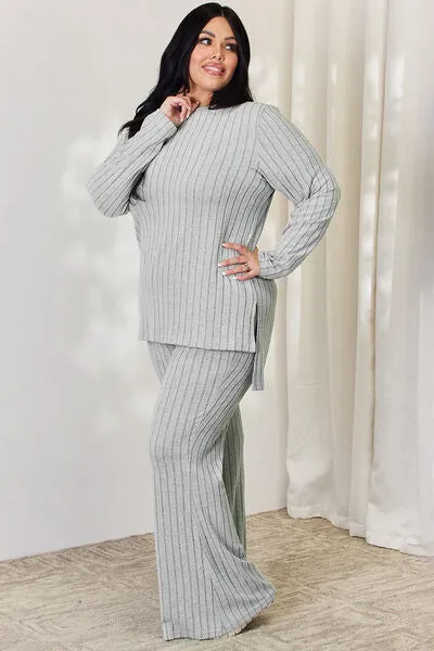 Tatum Basic Bae Full Size Ribbed High-Low Top and Wide Leg Pants Set