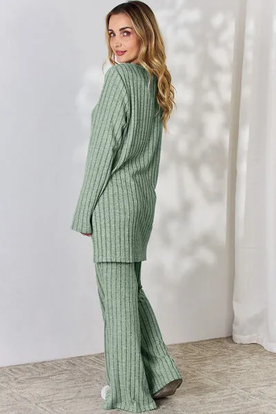 Tatum Basic Bae Full Size Ribbed High-Low Top and Wide Leg Pants Set