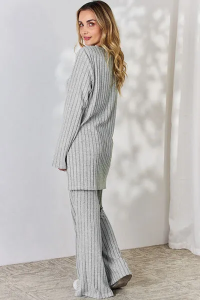 Tatum Basic Bae Full Size Ribbed High-Low Top and Wide Leg Pants Set