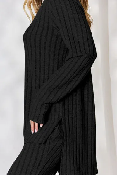 Tatum Basic Bae Full Size Ribbed High-Low Top and Wide Leg Pants Set