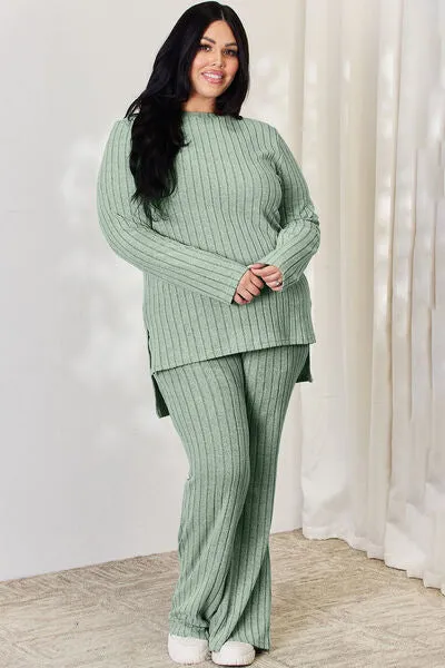 Tatum Basic Bae Full Size Ribbed High-Low Top and Wide Leg Pants Set