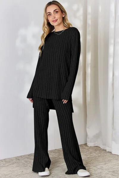 Tatum Basic Bae Full Size Ribbed High-Low Top and Wide Leg Pants Set