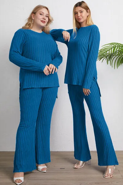 Tatum Basic Bae Full Size Ribbed High-Low Top and Wide Leg Pants Set