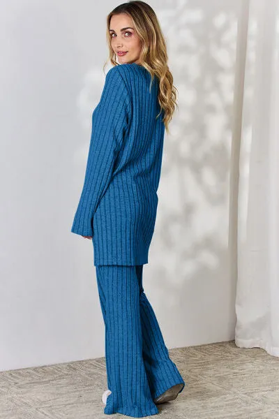 Tatum Basic Bae Full Size Ribbed High-Low Top and Wide Leg Pants Set