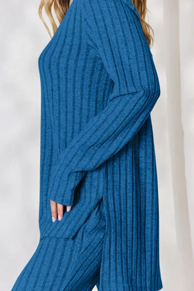 Tatum Basic Bae Full Size Ribbed High-Low Top and Wide Leg Pants Set