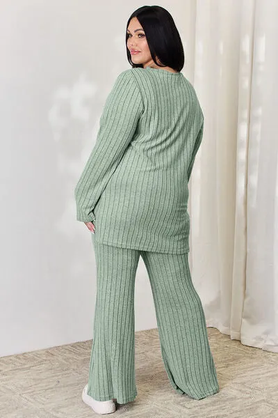 Tatum Basic Bae Full Size Ribbed High-Low Top and Wide Leg Pants Set