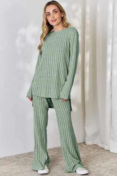 Tatum Basic Bae Full Size Ribbed High-Low Top and Wide Leg Pants Set