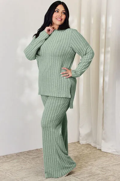 Tatum Basic Bae Full Size Ribbed High-Low Top and Wide Leg Pants Set