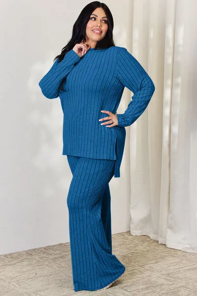 Tatum Basic Bae Full Size Ribbed High-Low Top and Wide Leg Pants Set