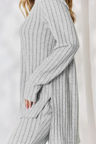 Tatum Basic Bae Full Size Ribbed High-Low Top and Wide Leg Pants Set