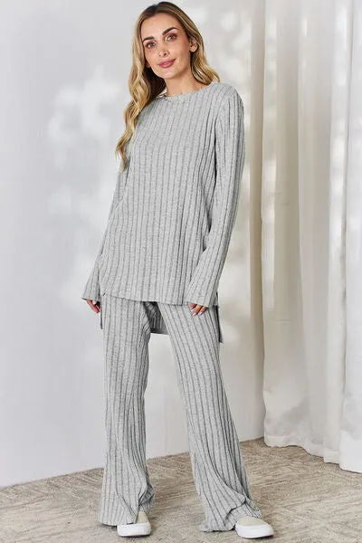 Tatum Basic Bae Full Size Ribbed High-Low Top and Wide Leg Pants Set