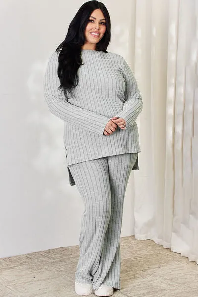 Tatum Basic Bae Full Size Ribbed High-Low Top and Wide Leg Pants Set