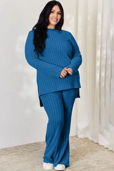 Tatum Basic Bae Full Size Ribbed High-Low Top and Wide Leg Pants Set