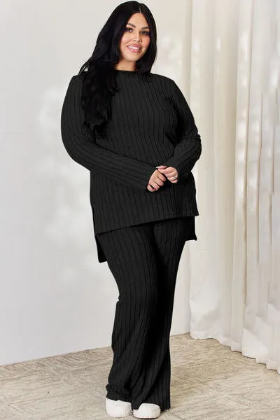 Tatum Basic Bae Full Size Ribbed High-Low Top and Wide Leg Pants Set
