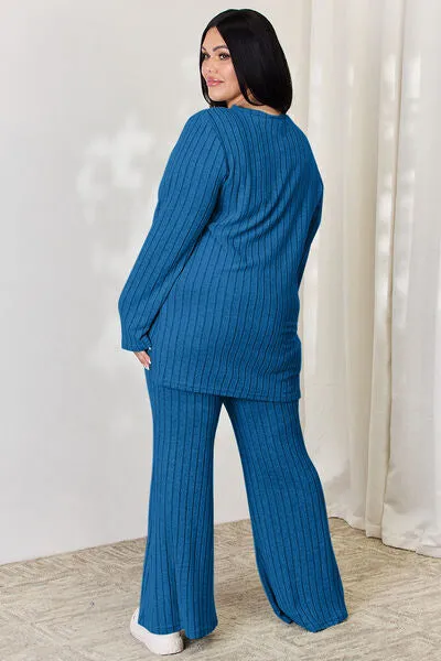 Tatum Basic Bae Full Size Ribbed High-Low Top and Wide Leg Pants Set