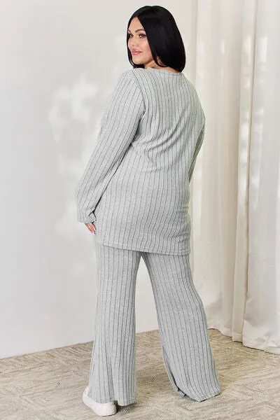Tatum Basic Bae Full Size Ribbed High-Low Top and Wide Leg Pants Set