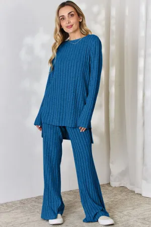 Tatum Basic Bae Full Size Ribbed High-Low Top and Wide Leg Pants Set