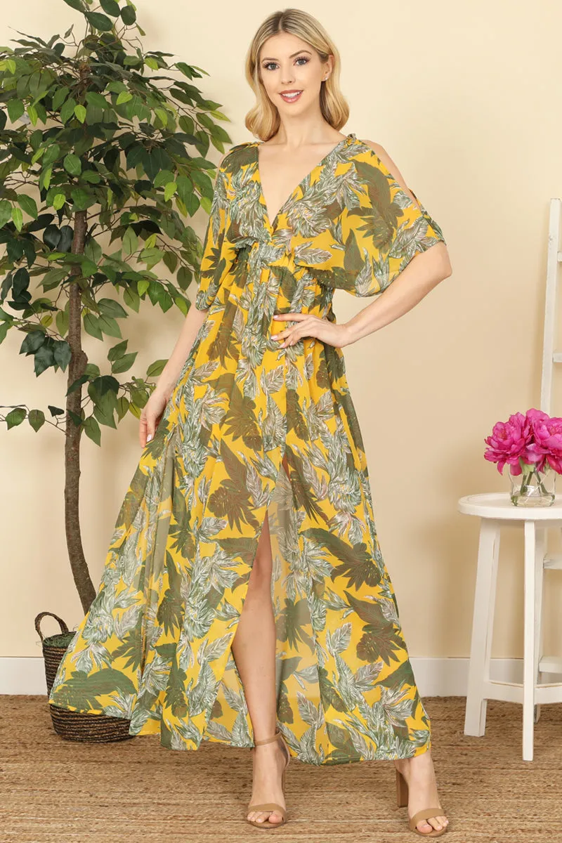 V-Neck Cold Shoulder Leaves Print Maxi Dress