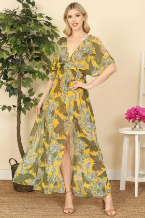 V-Neck Cold Shoulder Leaves Print Maxi Dress