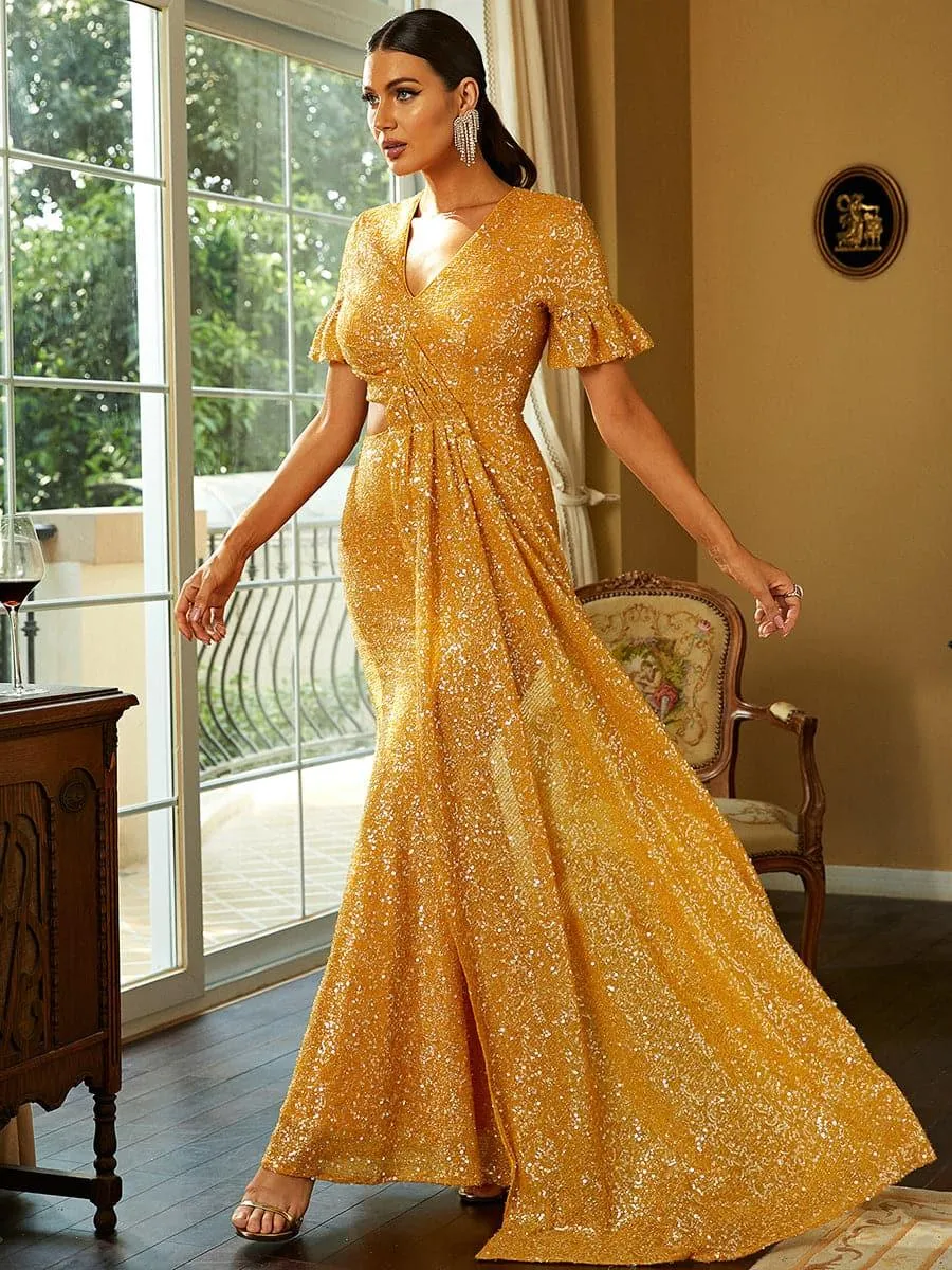 V-Neck Mermaid Maxi Sequin Yellow Prom Dress XJ1407