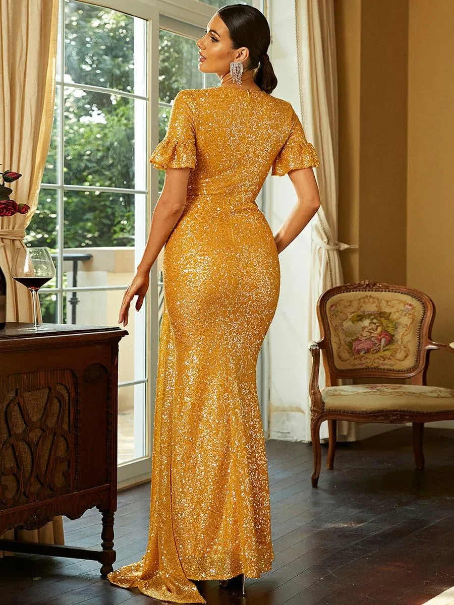 V-Neck Mermaid Maxi Sequin Yellow Prom Dress XJ1407