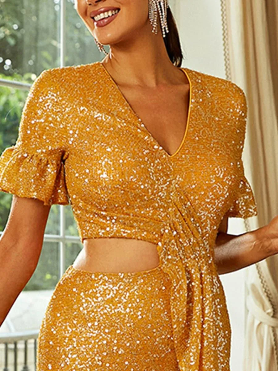 V-Neck Mermaid Maxi Sequin Yellow Prom Dress XJ1407